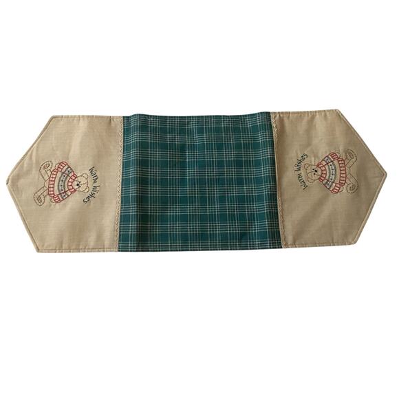 Vintage table runner for side table that reads “Warm Wishes” w teddy bear design - Picture 4 of 16